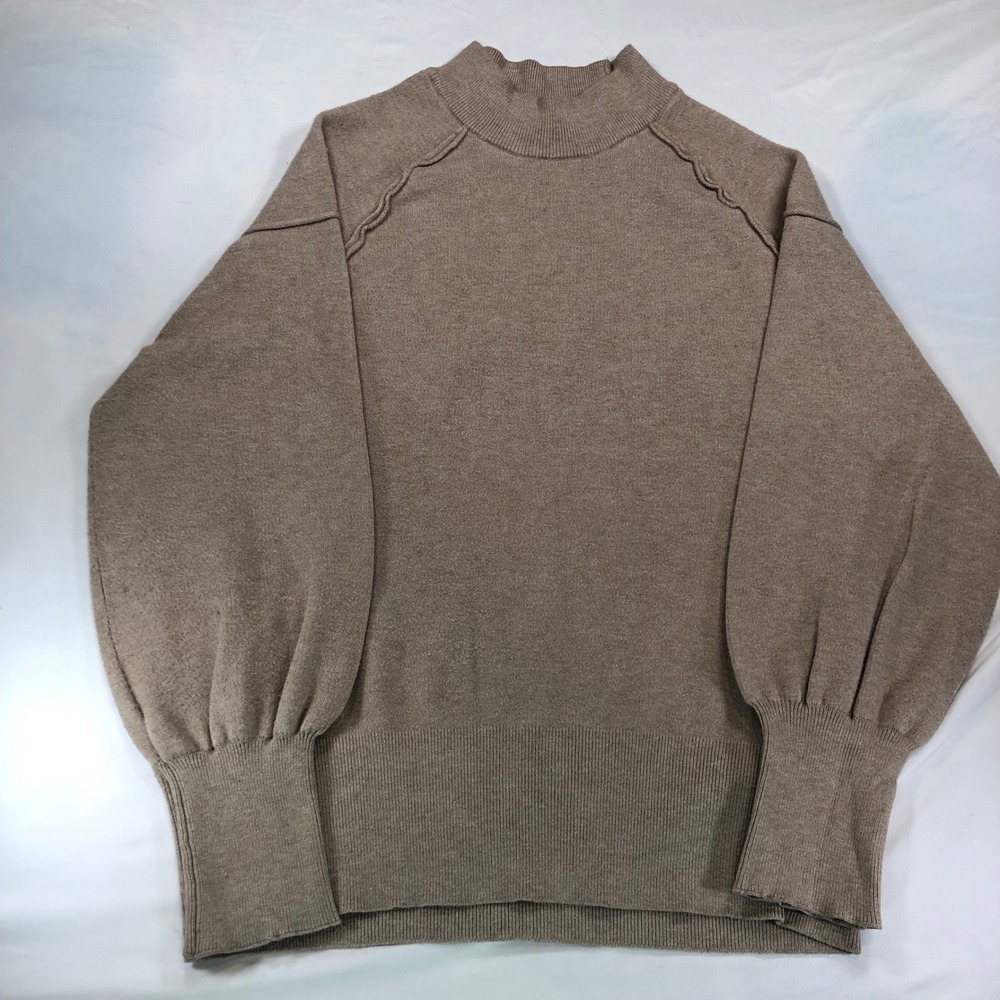Ee:some Taupe Brown Mock Neck Balloon Sleeve Sweater Exposed Seam Medium